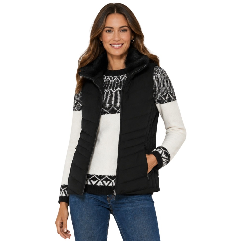 Talbots Puffer Vest Womens Large Black Down Fill Faux Fur Collar Quilted Pockets